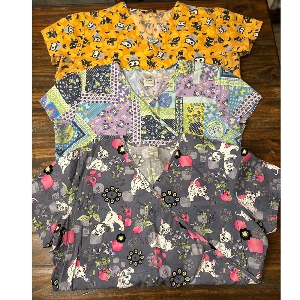 Scrub Top Bundle Woman's Large Patterned Dalmatians Halloween Geometric lot of 3
